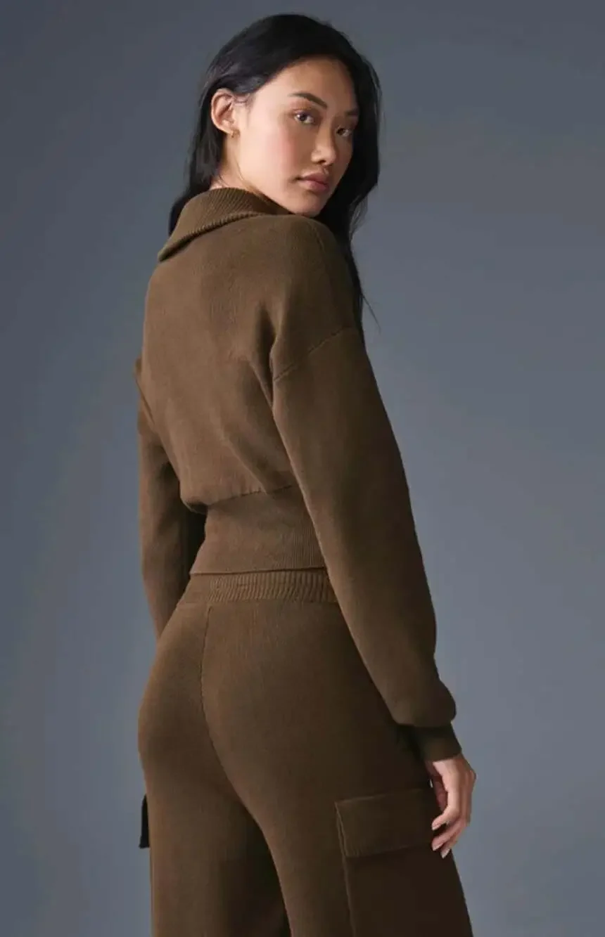 Alo Yoga Scholar Knit Cropped Full Zip Jacket in Espresso Size Medium